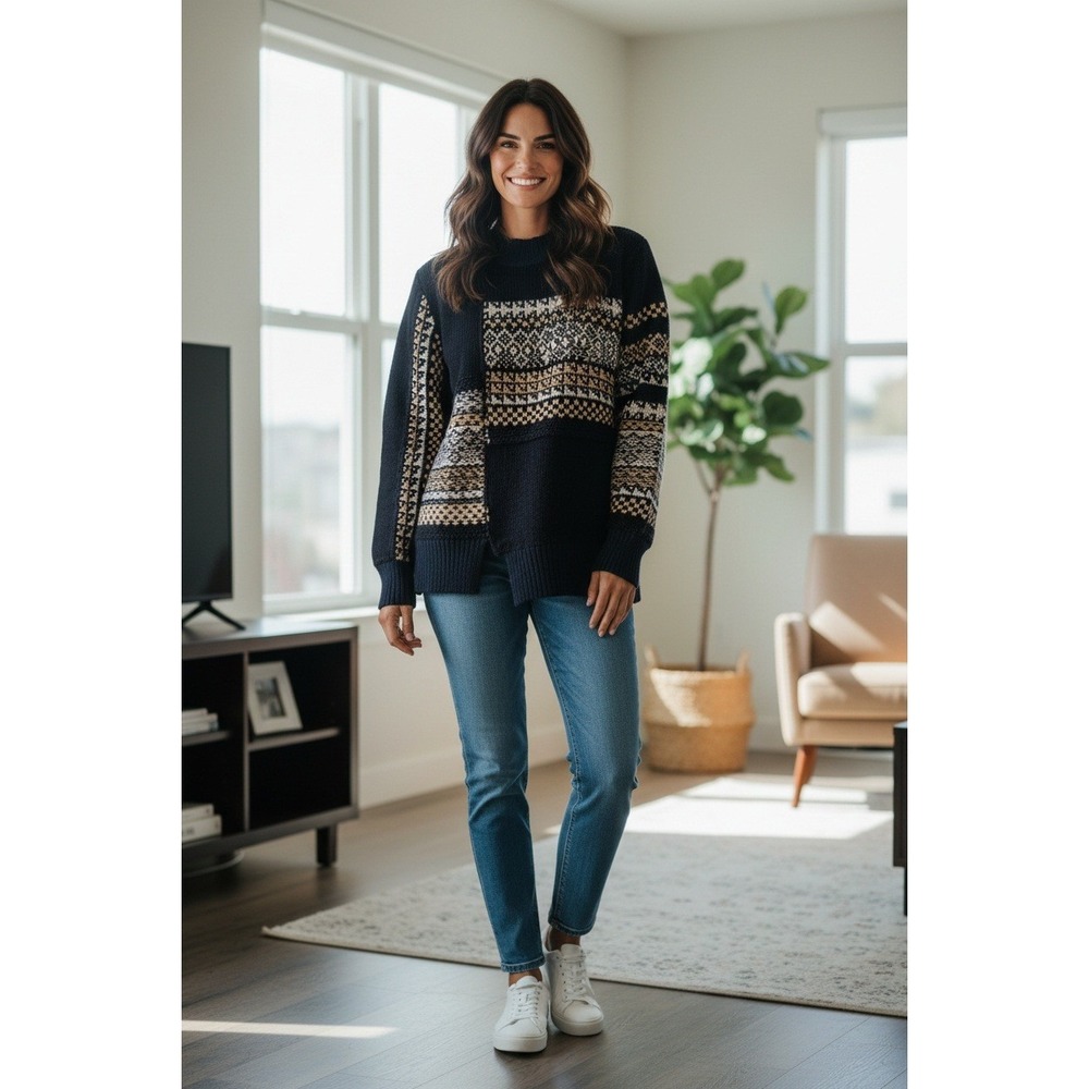 3.1 Phillip Lim Fair Isle Sweater Women Navy Blue Asymmetrical Wool Blend L